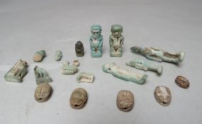 A COLLECTION OF EGYPTIAN SHABTI ETC., comprising a selection of small blue / green faience mummiform
