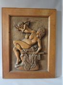 AN ARTS AND CRAFTS HEAVY CARVED OAK PLAQUE OF A SEATED FEMALE NUDE WITH CHERUB, unsigned, framed, 59