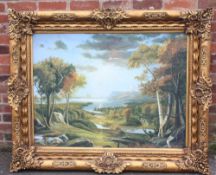 (XX). Extensive wooded lake scene with cottages, indistinctly signed lower right, oil on canvas,