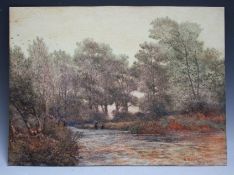 W. WILLIAMS OF PLYMOUTH (XIX-XX). River landscape with fishermen 'River Tavey, near Tavistock',