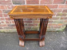 A QUARTETTO OF MAHOGANY INLAID TABLES, raised on turned supports and splayed feet, h 72 cm, W 55 cm