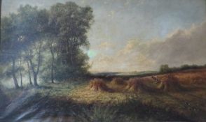 ROBERT C. LESLEI (XIX). A wooded landscape with figures and corn stooks, farmstead beyond,