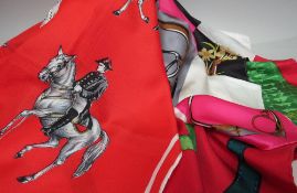 THREE VINTAGE EQUESTRIAN THEMED SCARVES, comprising a Celine of Paris silk example, 66 x 66 cm, a