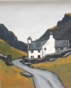 DAVIS BARNES (XX-XXI). Welsh school, mountainous landscape with cottage by road 'At The Head of