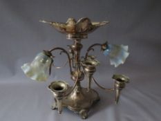 AN EDWARDIAN SILVER PLATED SIX BRANCH EPERGNE TABLE CENTRE / LAMP, the two light fittings with