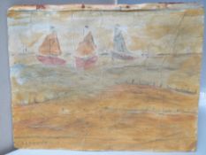 CIRCLE OF LAURENCE STEPHEN LOWRY (1887-1976). Coastal scene with sailing vessels, bears signature