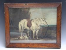 (XIX) Wooded landscape with horse and two dogs, unsigned, oil on canvas laid on board, framed and
