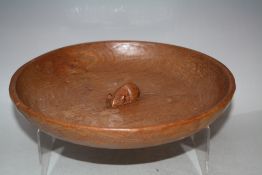A ROBERT THOMPSON OF KILBURN MOUSEMAN LARGE OAK LOW SHALLOW BOWL, adzed inside and out, with