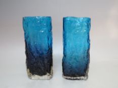 A PAIR OF KINGFISHER BLUE WHITEFRIARS STYLE TEXTURED GLASS VASES, of rectangular form, H 17.5 cm,