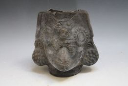 AN UNUSUAL TRIBAL POTTERY MASK HEAD VESSEL, possible Mayan, H 17.5 cm, S/DCondition Report:Damage to