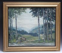 HENRY BALL (XX). Australian mountainous wooded landscape with figure and horse 'The Ovens Valley,