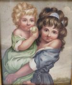 (XIX). A miniature study of two children, one eating an apple, landscape beyond, watercolour, framed