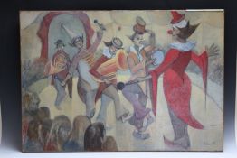 M. WIELAND. Circus ring with a clown band, signed and dated 1978 lower right, oil on board,