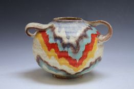 AN UNUSUAL TWIN HANDLED CZECHOSLOVAKIAN VASE, painted marks to base, H 16 cm, S/DCondition Report: