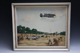 ALAN KIRBY (XX). British school, wartime scene with downed German plane and figures capturing the