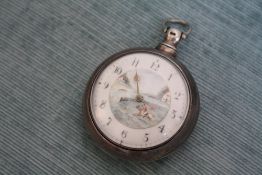 A HALLMARKED SILVER PAIR CASED POCKET WATCH WITH ENAMEL HUNTING SCENE DIAL - LONDON 1824, Dia 5.5