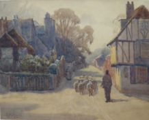 EDITH MARY DYAS (b.1900). Village scene with flock of sheep and figures, 'Friary Lane Salisbury' see