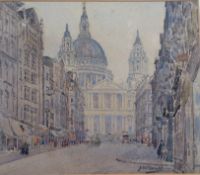 J.W.?? (XX) English school, London street scene with figures, St.Paul's Cathedral in background,