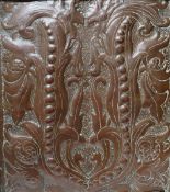 A FRAMED ARTS AND CRAFTS STYLE COPPER PANEL, overall W 54 cm