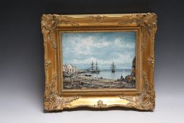 NIGEL HALLARD (b.1936). Coastal village scene with figures and sailing vessels, signed and dated