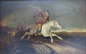 (XIX). Stormy landscape with Tam O'Shanter on horseback being chased, unsigned, oil on board,