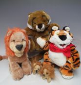 A VINTAGE MERRYTHOUGHT TIGER HAND PUPPET, together with three other vintage lion bears and a Kellogs