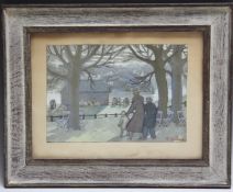 N.B.?? (XX). French school, figures and horses by a boating lake, signed lower right, gouache on