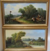 (XIX-XX). A pair of wooded river landscapes with figures, cattle, windmill and gypsy encampment, one