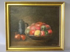 KNIGHT (XX). Still life study of fruit and other items, signed lower right, oil on canvas, framed,