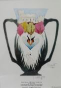 A FRAMED AND GLAZED MOORCROFT LIMITED EDITION PRINT, 'Royal House of Windsor' Loving Cup designed by