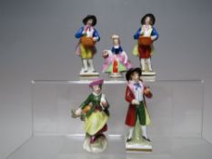 FIVE ANTIQUE HAND PAINTED CHELSEA SAMPSON STYLE FIGURES, WITH GOLD ANCHOR MARK, tallest H 9 cm
