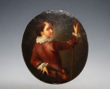 (XVIII-XIX). Italian school oval study of a boy in red holding a staff, unsigned,oil on paper laid