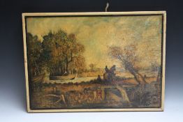 (XIX-XX). Wooded river landscape with boats, horse and figures, unsigned, oil on panel, framed, 43 x