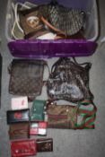 A BOX OF LADIES DESIGNER STYLE HANDBAGS AND PURSES ETC.