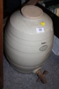 A THREE GALLON STONEWARE BARREL TOGETHER WITH A TABLE LAMP