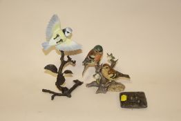 A CERAMIC MATT FINISH FIGURE OF A BLUE TIT ON METAL BASE TOGETHER WITH A CHANCERY COLLECTION