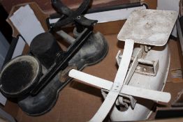 TWO VINTAGE SETS OF SCALES TOGETHER WITH A SET OF FOUR COPPER MEASURES ETC.