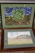 A COLLECTION OF PICTURES AND PRINTS TO INCLUDE AN ABSTRACT PAINTING OF A TREE, CRICKET INTEREST