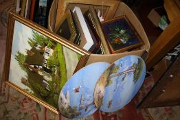 A BOX OF PICTURES AND PRINTS TO INCLUDE A PAIR OF OVAL OIL PAINTINGS, PRINTS MIRRORS ETC