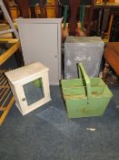 A PAINTED WALL CABINET, VINTAGE MIRRORED CABINET AND TWO METAL PIECES TO INC A CABINET ETC (4)