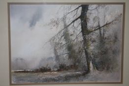 A FRAMED AND GLAZED PASTEL PICTURE OF A RURAL LANDSCAPE SIGNED GORDON DALE LOWER LEFT - SIZE -