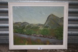 A 1977 OIL ON BOARD ENTITLED 'BIRD ROCK ABERGYNOLYM' BY J RHODES - SIZE - 45.5CM X 35.5CM