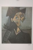 A FRAMED AND GLAZED LIMITED EDITION PICASSO ABSTRACT PORTRAIT STUDY PRINT 51/200 WITH BLIND STAMP