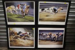 A SET OF FOUR FRAMED AND GLAZED SIGNED GREYHOUND RACING INTEREST PRINTS BY DAVID FRENCH OVERALL SIZE