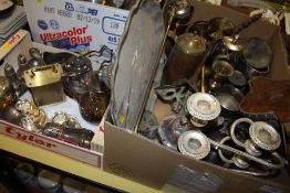 TWO BOXES OF ASSORTED METALWARE TO INCLUDE BRASS CANDLESTICKS, COPPER TRUG A/F ETC.