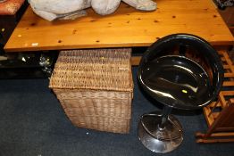 A PINE TRESTLE TYPE TABLE AND A WICKER BASKET AND A MODERN STOOL (3)
