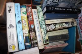 A BOX OF ANTIQUES REFERENCE BOOKS, ART AT AUCTION BOOKS ETC.