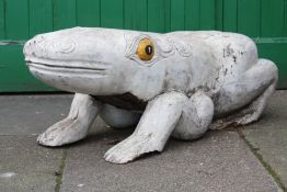 A LARGE AND HEAVY CARVED WOODEN AND PAINTED FROG L-107 CM