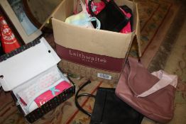 A BOX OF LADIES RADLEY AND OTHER DESIGNER STYLE HANDBAGS, PLAYBOY SHOES ETC.