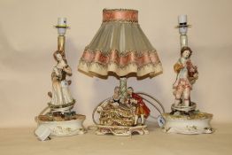 A PAIR OF CAPE DI MONTE FIGURATIVE TABLE LAMPS TOGETHER WITH A GERMAN EXAMPLE (3)